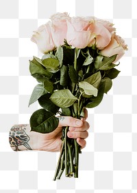 Woman holding png flower bouquet, transparent background