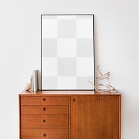 Picture frame png mockup on wooden cabinet, transparent design