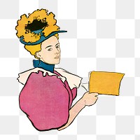 Edward Penfield's Woman holding book png, transparent background. Remixed by rawpixel.