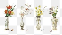 Antique flower png vintage illustration set on transparent background