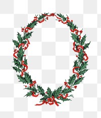 Png vintage holly Christmas wreath with red ribbons, transparent background