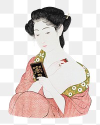Png woman applying powder, vintage illustration, transparent background. Famous artwork by Goyo Hashiguchi, remixed by rawpixel.