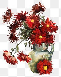 Chrysanthemums png, red flower vase illustration by Louise Blogett Field, transparent background. Remixed by rawpixel.