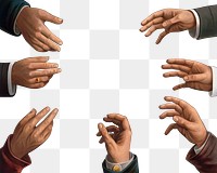 Seven male hands png, vintage gesture illustration, transparent background. Remixed by rawpixel.