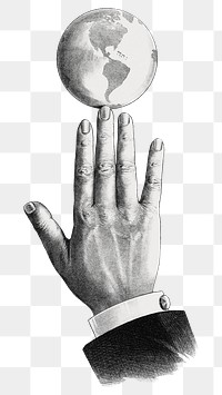 Globe png businessman's hand, vintage illustration, transparent background. Remixed by rawpixel.