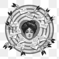 The target png, vintage woman illustration on transparent background. Remixed by rawpixel.