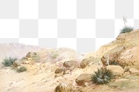 Wild west landscape png watercolor border, transparent background. Remixed from Herman Wendelborg Hansen artwork, by rawpixel.