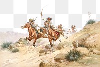 Apache oh horses png watercolor border, transparent background. Remixed from Herman Wendelborg Hansen artwork, by rawpixel.