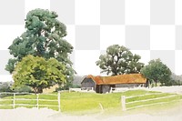 Farm view png watercolor border, transparent background. Remixed from Alfred Parsons artwork, by rawpixel.