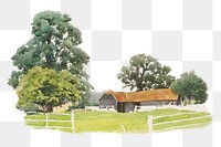 Farm view png watercolor illustration element, transparent background. Remixed from Alfred Parsons artwork, by rawpixel.