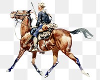 Soldier on horse png watercolor illustration element, transparent background. Remixed from Frederic Remington artwork, by rawpixel.