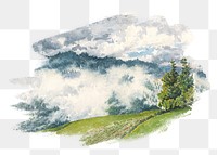 Misty mountain landscape png watercolor illustration element, transparent background. Remixed from vintage artwork by rawpixel.