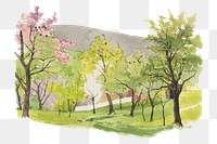 Blooming trees png watercolor illustration element, transparent background. Remixed from Jan Novopacký artwork, by rawpixel.