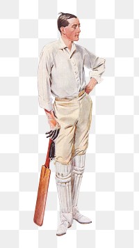 Cricket player png watercolor illustration element, transparent background. Remixed from vintage artwork by rawpixel.