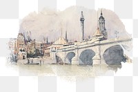 New London Bridge png watercolor illustration element, transparent background. Remixed from David Cox artwork, by rawpixel.