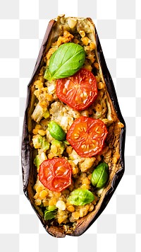 PNG Stuffed roasted eggplants with tomatoes and fresh basil, collage element, transparent background