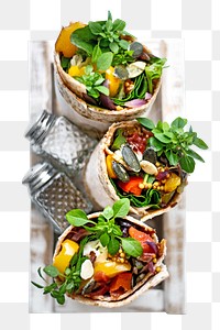 PNG Tortilla wraps with roasted vegetables and mozzarella cheese, collage element, transparent background