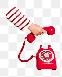 Woman answering png red telephone, transparent background