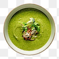 PNG Homemade broccoli soup with horseradish and parsley chips, collage element, transparent background