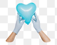 Gloved hands png holding a blue heart balloon, transparent background