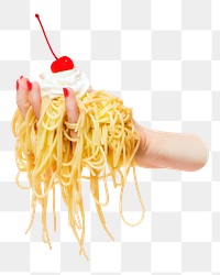 PNG Noodles with cream and a cherry on top, collage element, transparent background