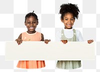 Children holding banner png element, transparent background