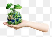 Png sustainable living environmentalist hand holding green earth, transparent background