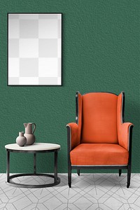 Picture frame transparent mockup png, retro living room design