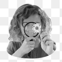 Png young girl exploring flower, transparent background