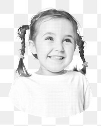 Png smiling little girl, black and white, transparent background