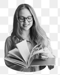 Png young woman reading book, transparent background