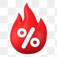 Red flame png 3D, flash sale icon illustration with percent sign on transparent background