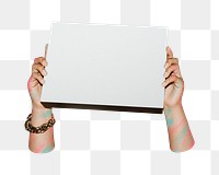 Png hand holding sign, transparent background