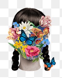 PNG Flower woman portrait collage art, surreal escapism, collage element on transparent background