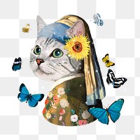 Png cat head, transparent background, Johannes Vermeer's artwork remixed by rawpixel,