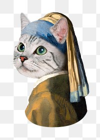 Png cat head, transparent background, Johannes Vermeer's artwork remixed by rawpixel,