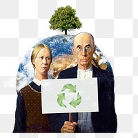 Save Earth png vintage sticker, Grant Wood's American Gothic mixed media transparent background. Remixed by rawpixel.