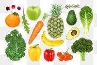 Fruits & vegetables png sticker, healthy food ingredients illustration set, transparent background