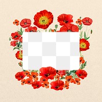 Note paper png frame, poppy flowers collage, transparent design