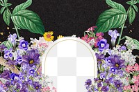 Purple flower field png frame, arch shaped, transparent design