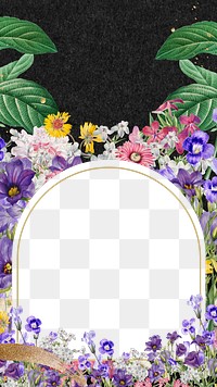 Purple flower field png frame, arch shaped, transparent design