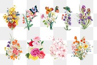 Colorful spring flower png bouquet, botanical collage art set, transparent background