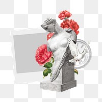 Greek Goddess statue png, instant film frame & flower, transparent background. Remixed by rawpixel.