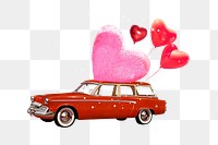 Valentine's celebration car png element, floating heart balloons collage art, transparent background