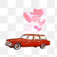 Valentine's celebration car png element, floating heart balloons collage art, transparent background
