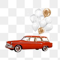 Floating car png with balloons, celebration graphic, transparent background