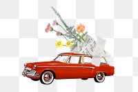 Car carrying png flower bouquet, aesthetic remix, transparent background