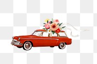 Wedding getaway car png, flower bouquet remix, transparent background