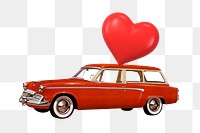 Valentine's celebration car png element, floating heart balloons collage art, transparent background