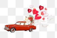 Wedding getaway car png, heart balloons remix, transparent background